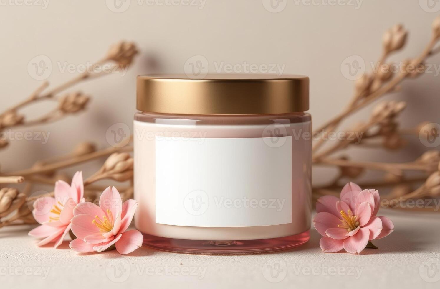 A delicate jar sits beside pink flowers on a neutral background, evoking a serene and calming atmosphere in a minimalist arrangement photo