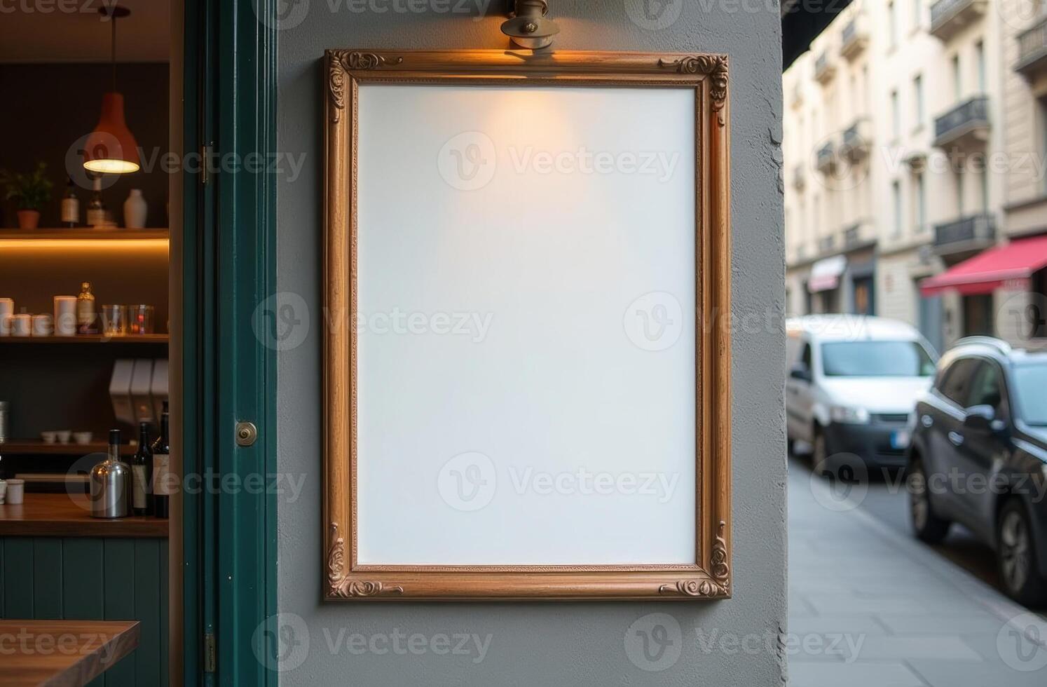 Elegant and empty gold-framed board outside a cafe on a quiet Paris street in the early morning light photo