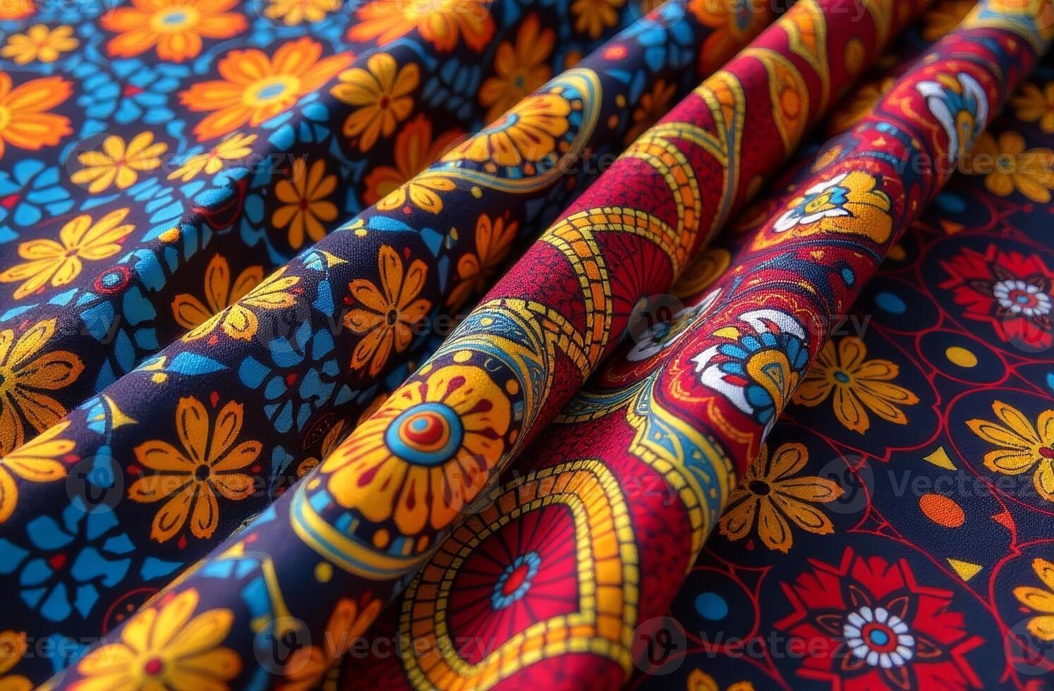 Vibrant collection of floral patterned fabrics displayed elegantly in intricate designs with rich colors and textures photo