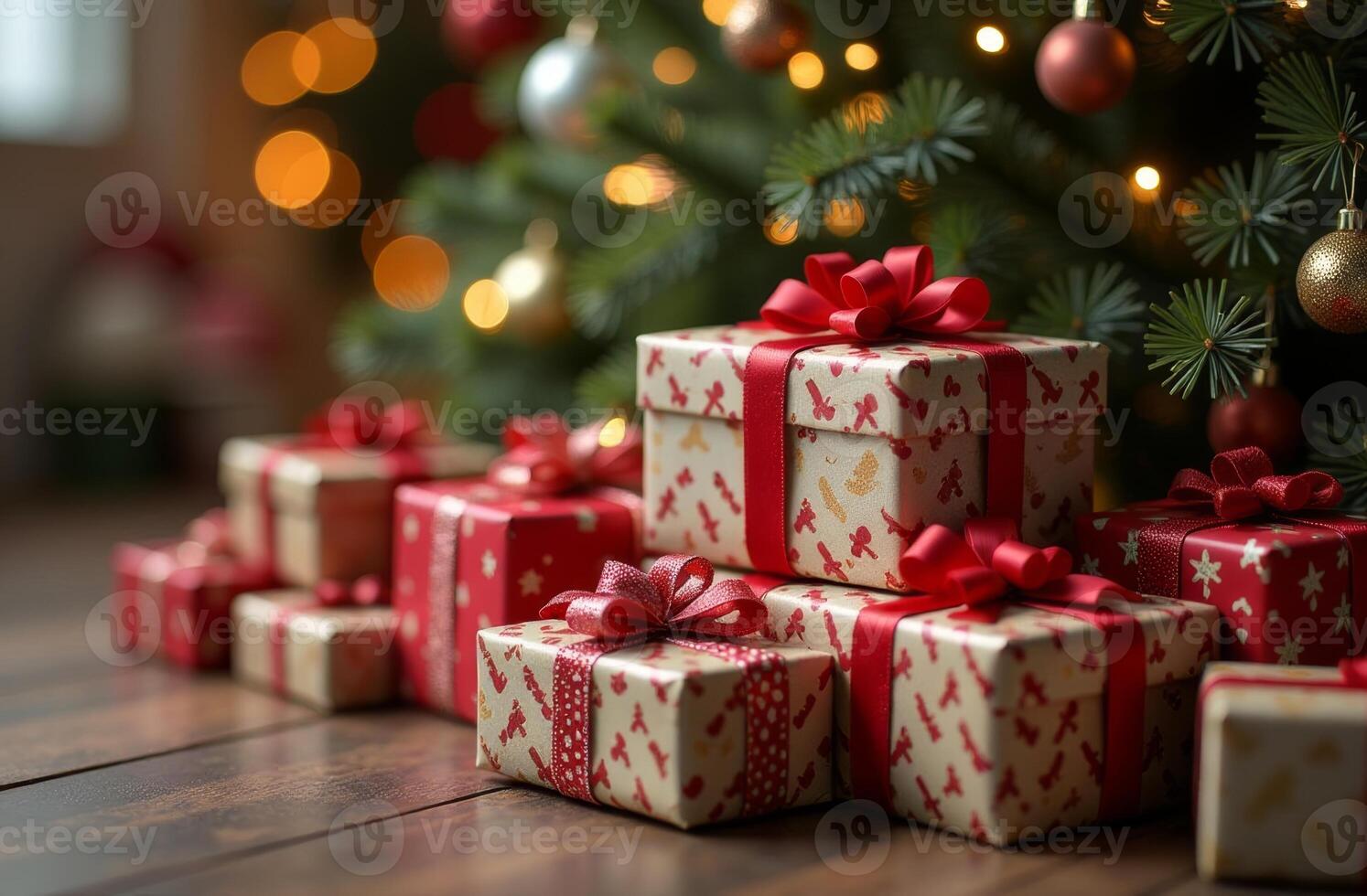 Festively wrapped gifts with bows under a Christmas tree adorned with twinkling lights and ornaments in a cozy living room setting photo