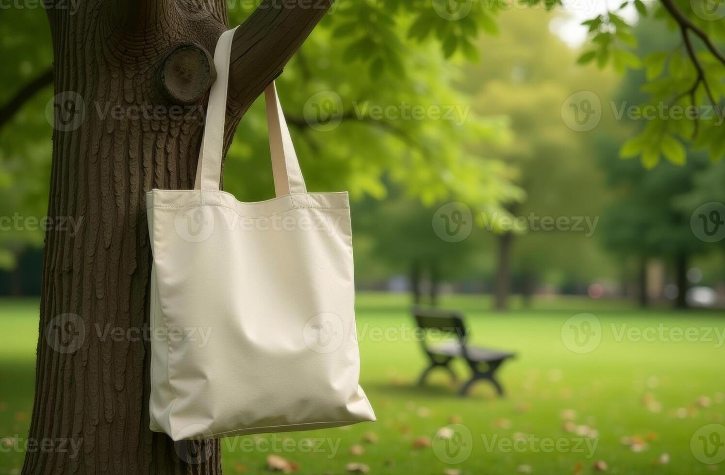 A simple canvas tote bag hangs from a tree branch in a green park during a sunny day photo