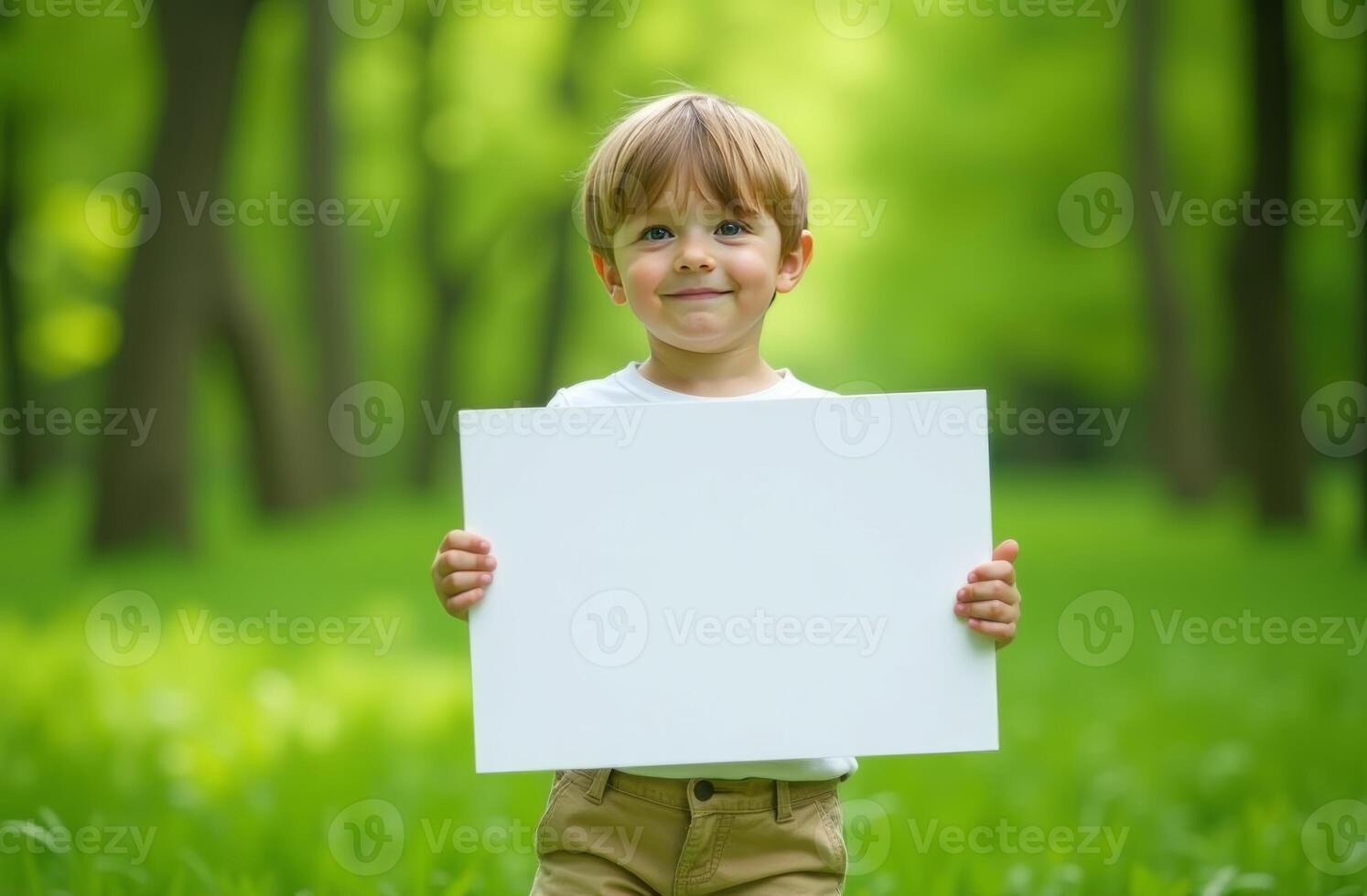 Young boy smiling while holding a blank sign in a lush green park during a sunny day photo