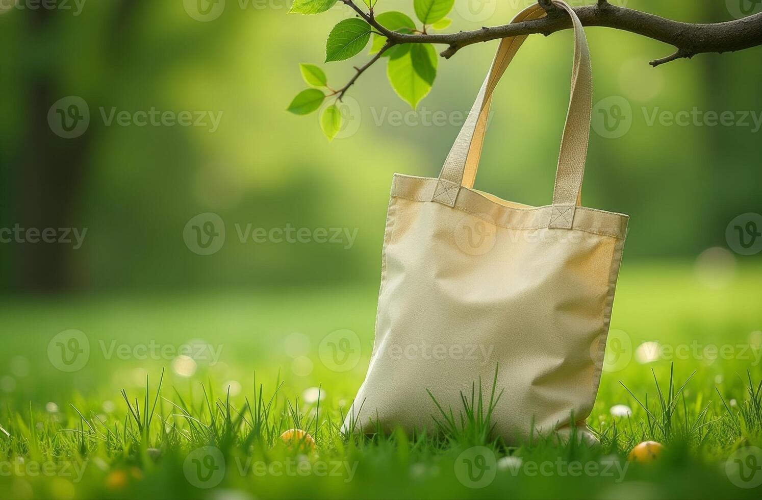 A beige tote bag hanging from a tree branch in a lush green park during a sunny afternoon photo