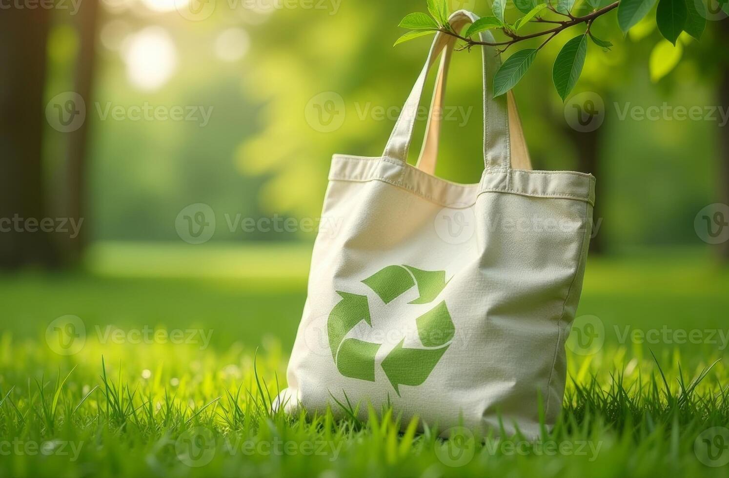Eco-friendly tote bag with a recycling symbol resting on lush grass in a sunlit park during springtime photo