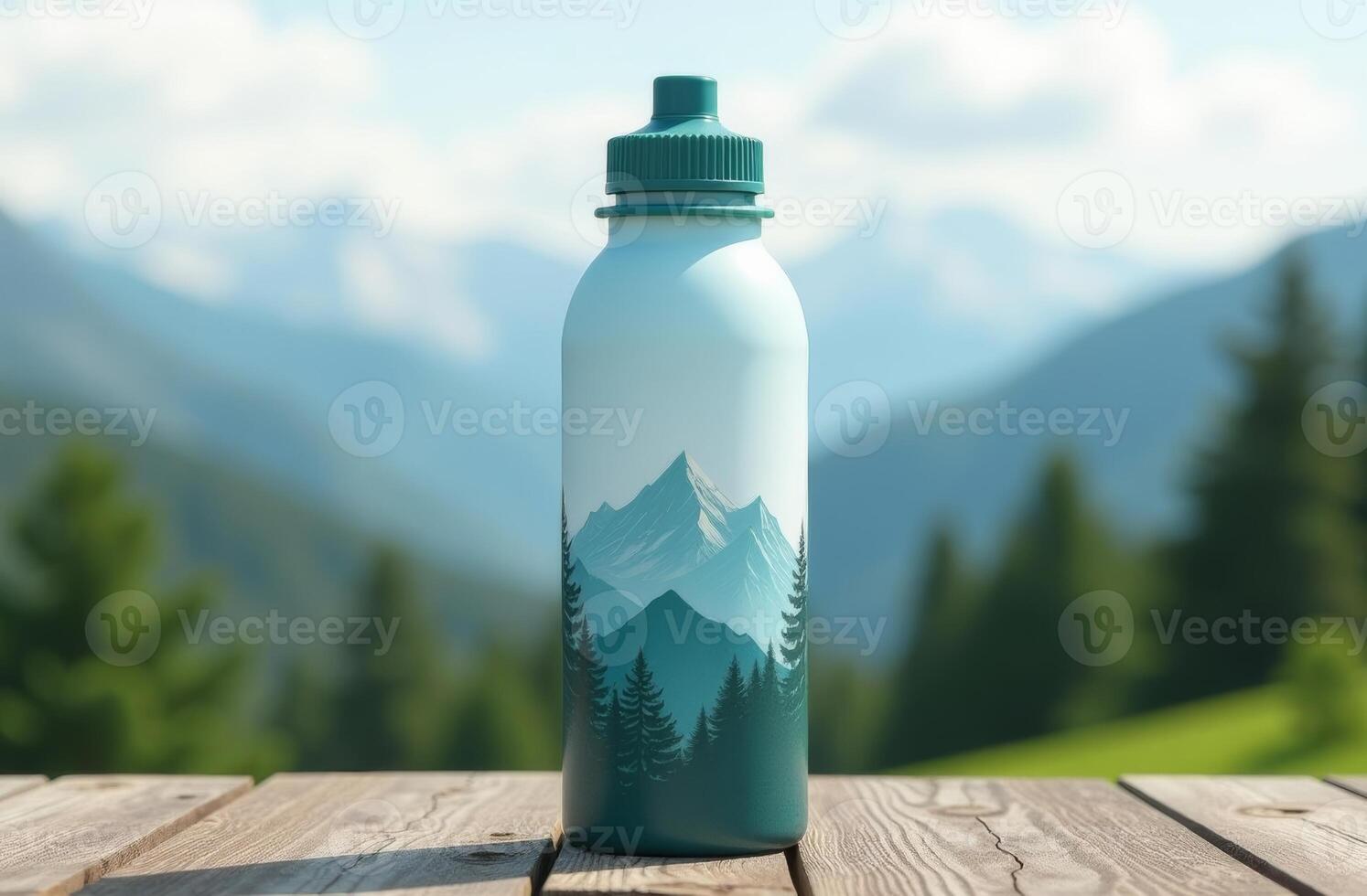A mountain-themed water bottle rests on a wooden table with a stunning mountain landscape in the background on a sunny day photo