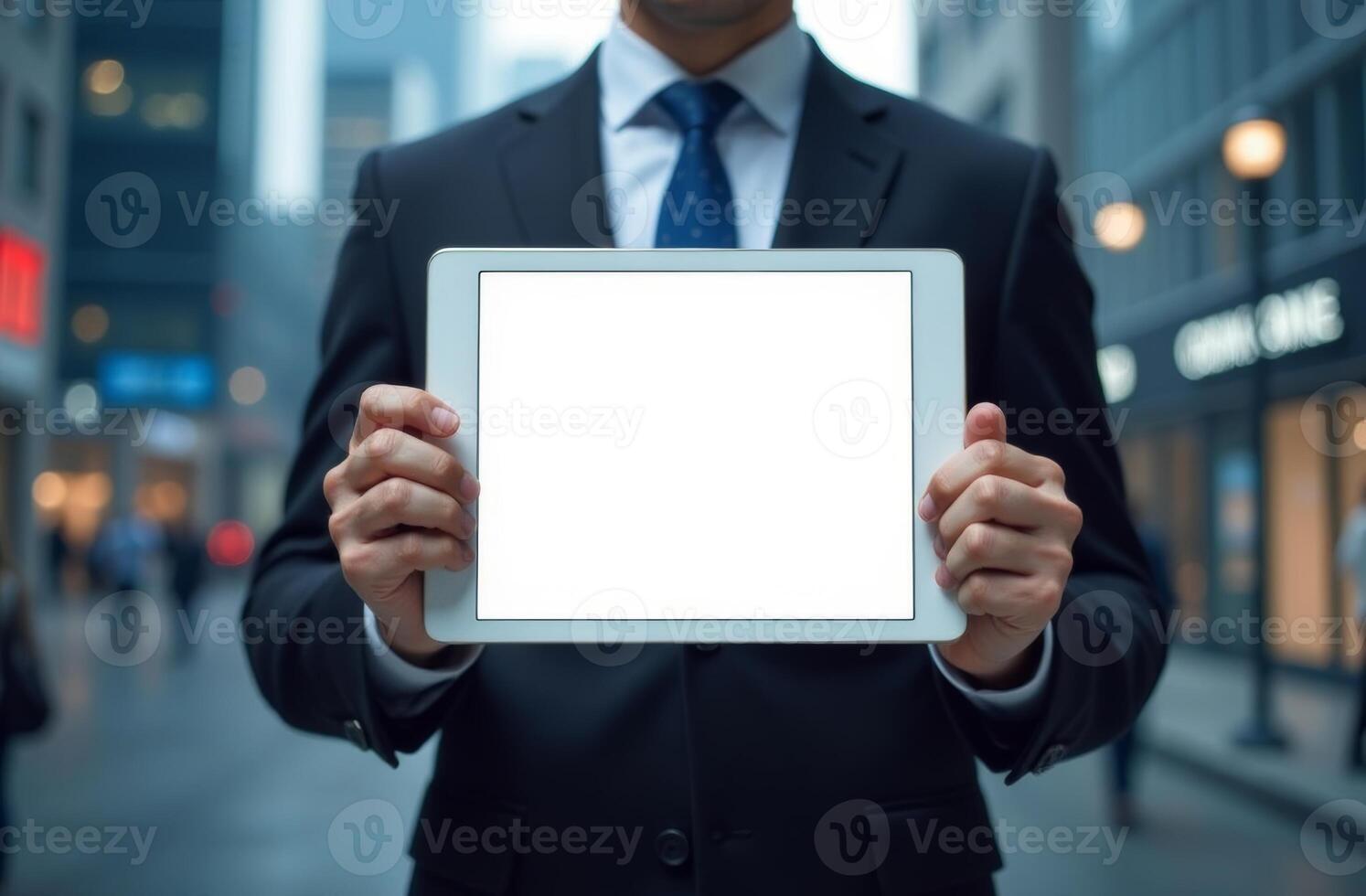 A business professional holds a tablet in a bustling city street surrounded by skyscrapers during the early evening hours photo