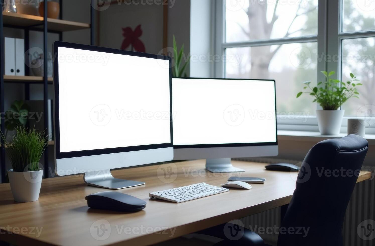 Modern workspace with dual monitors, keyboard, and plant decor in a bright, serene home office setting during the daytime photo