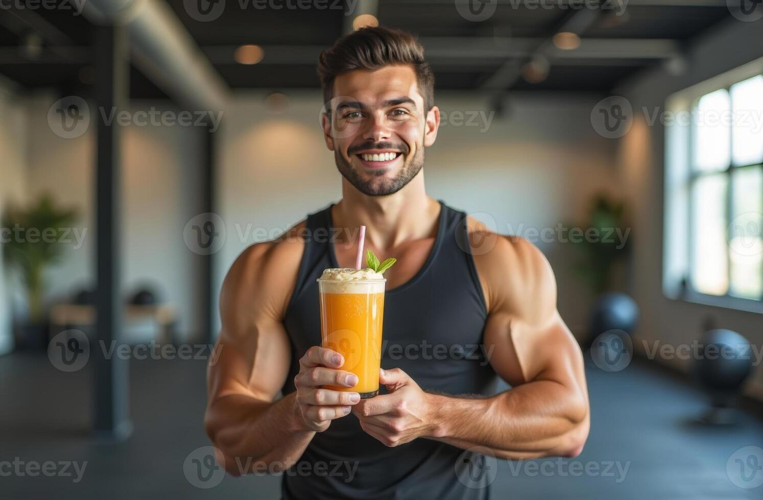 A fit man enjoys a refreshing smoothie in a modern gym during a workout session, promoting health and fitness with enthusiasm photo
