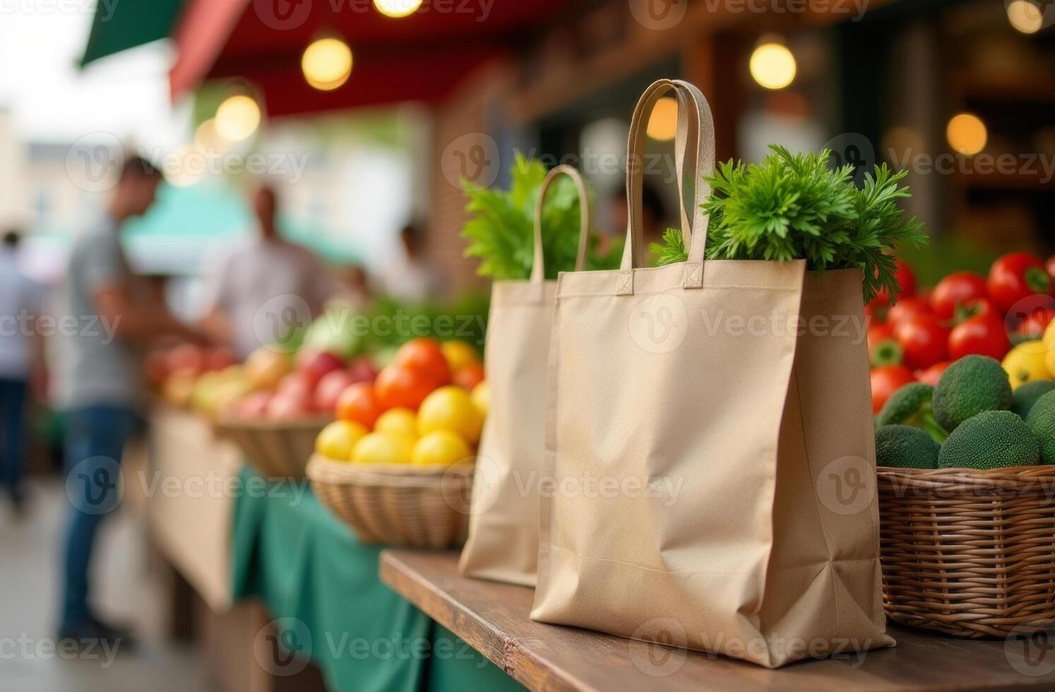 Fresh produce bags at a lively farmer's market during a sunny afternoon in a vibrant community setting photo