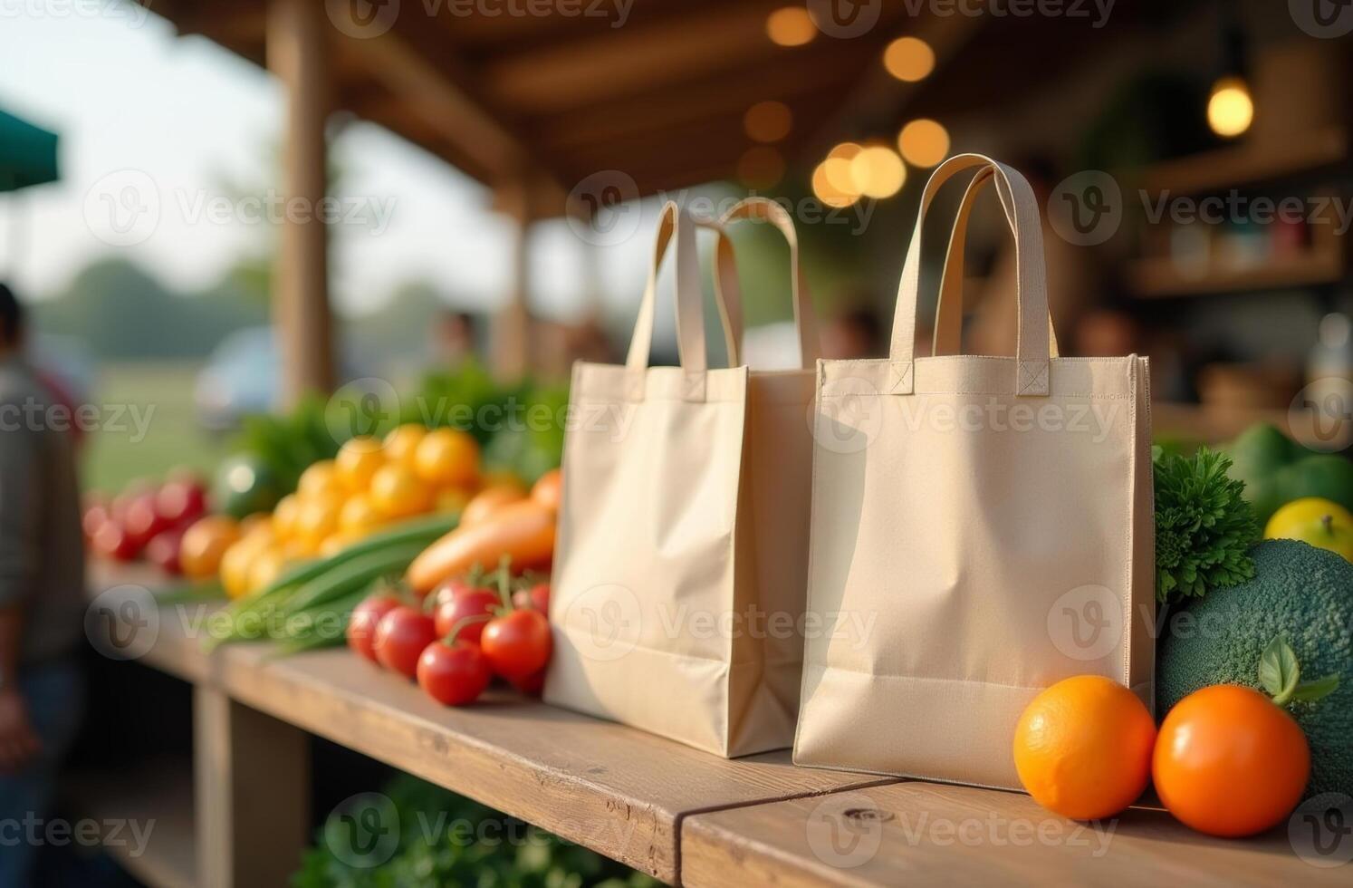 Fresh produce displayed at a local market with paper bags ready for shopping in the afternoon light photo