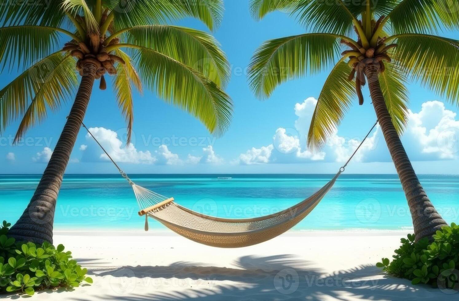 Relaxing hammock strung between palm trees on a tranquil beach with clear turquoise waters under a bright blue sky photo