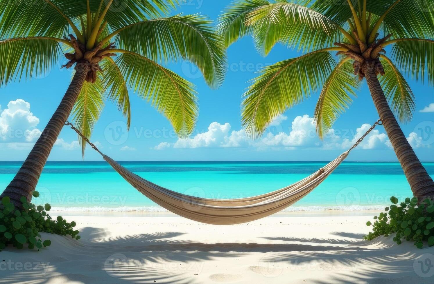 Relaxing hammock between palm trees on a serene tropical beach under a clear sky at midday photo