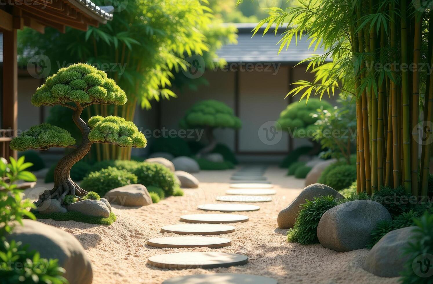 Serene Japanese garden pathway lined with stones, trees, and bamboo in a tranquil setting photo