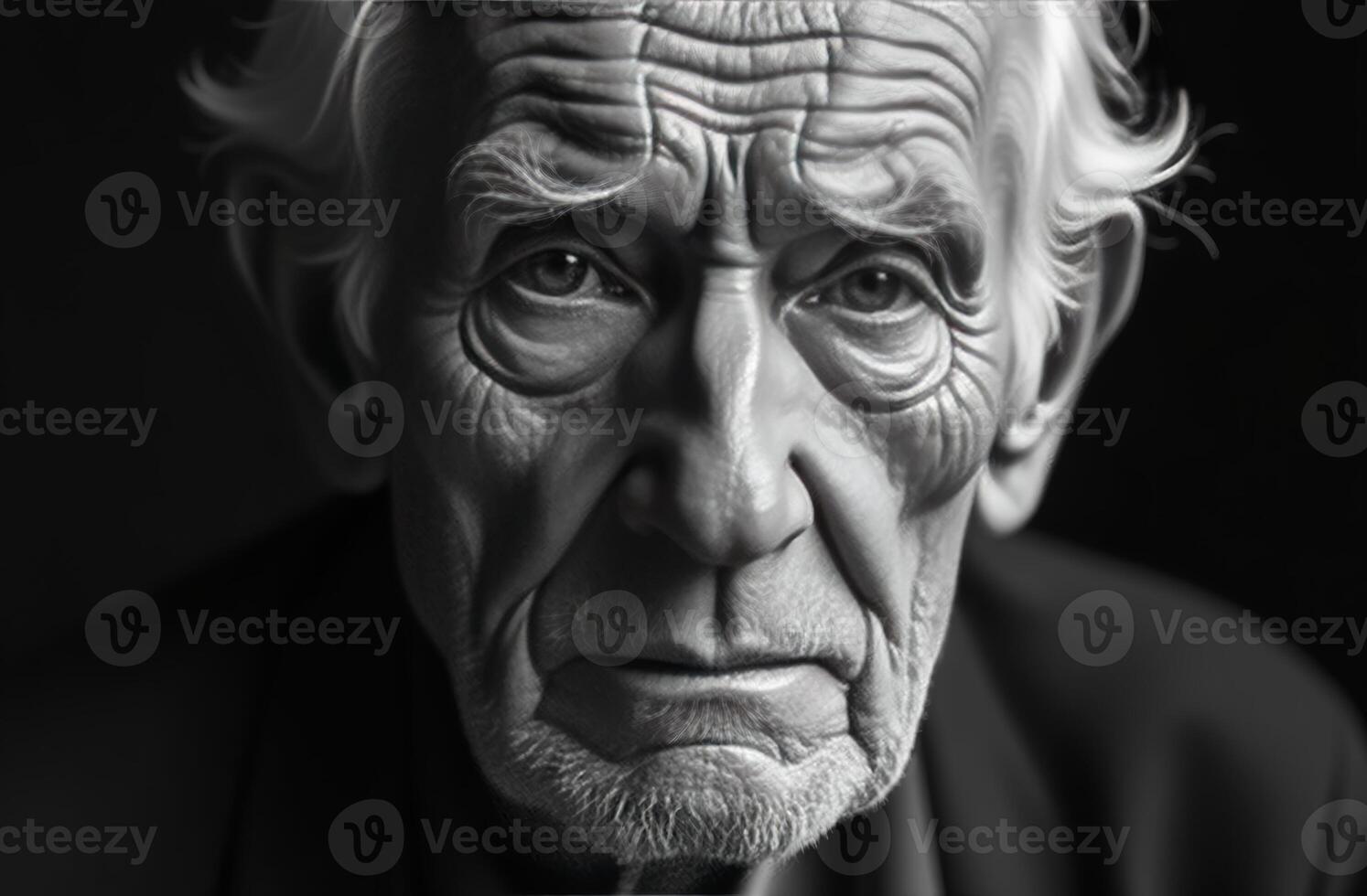Elderly man with deep-set eyes and weathered skin gazing thoughtfully into the distance, conveying a sense of wisdom and experience photo