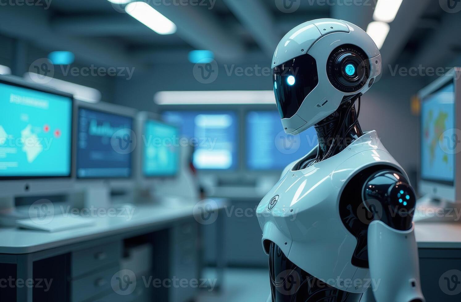 A humanoid robot stands in a modern workspace surrounded by computer screens displaying data and analytics in a futuristic environment photo