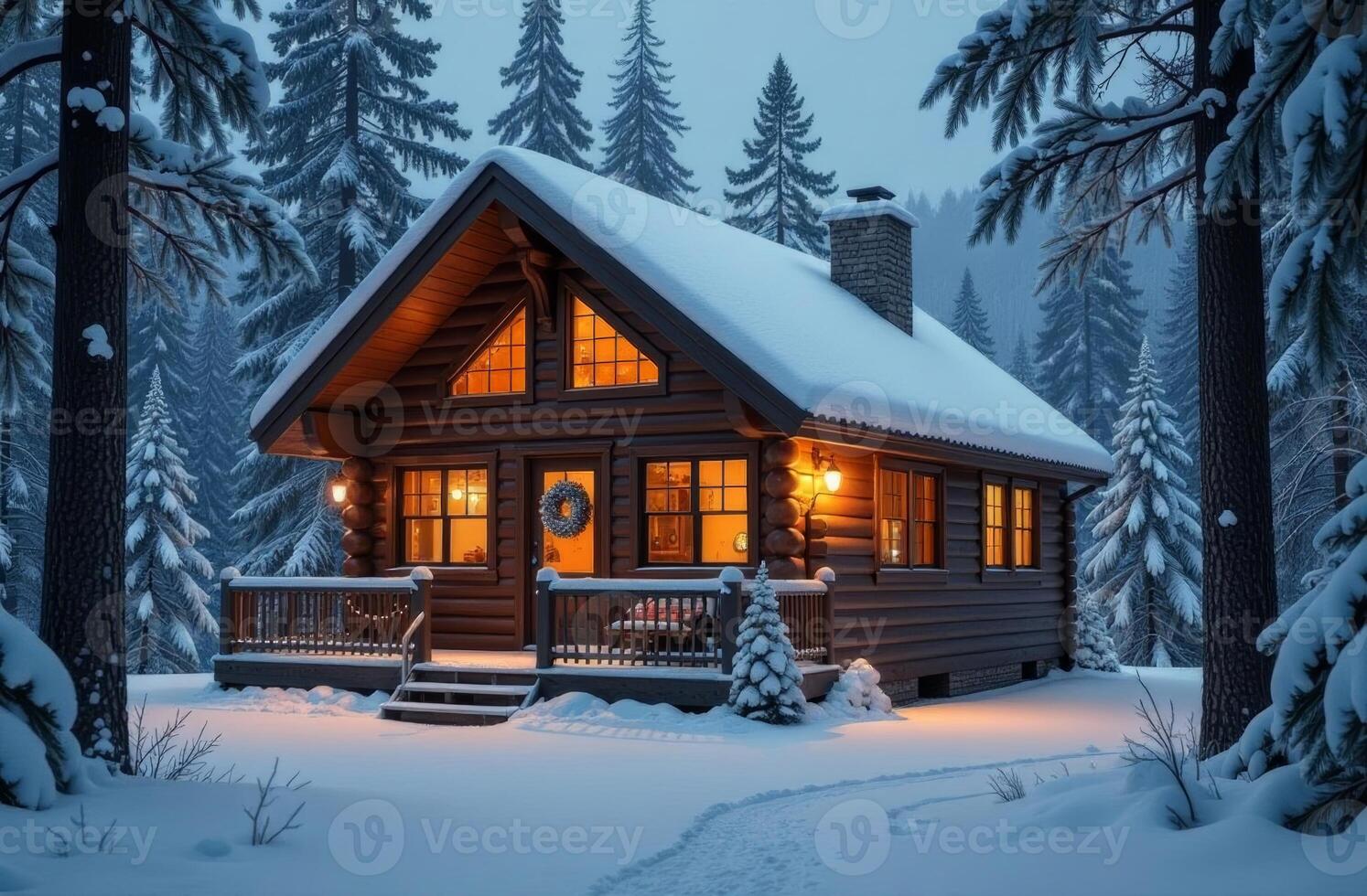 A cozy wooden cabin surrounded by snow-covered pine trees at dusk in a serene winter landscape photo