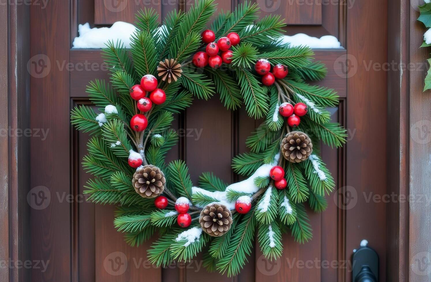 A festive holiday wreath adorned with red berries and pine cones hangs elegantly on a brown front door in winter photo
