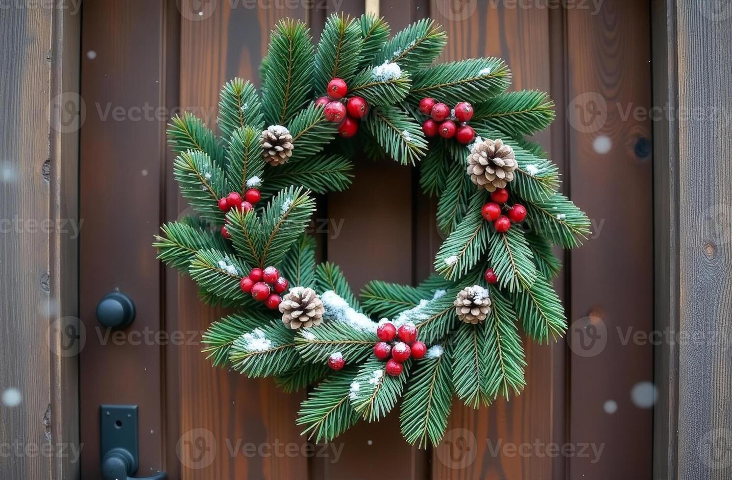 Decorative evergreen wreath adorned with red berries and pine cones on a wooden door during the winter holiday season photo