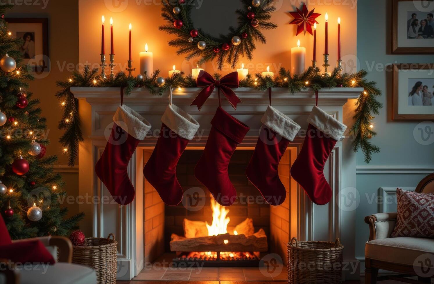 A cozy Christmas living room with a decorated fireplace and stockings hanging in warm evening light photo