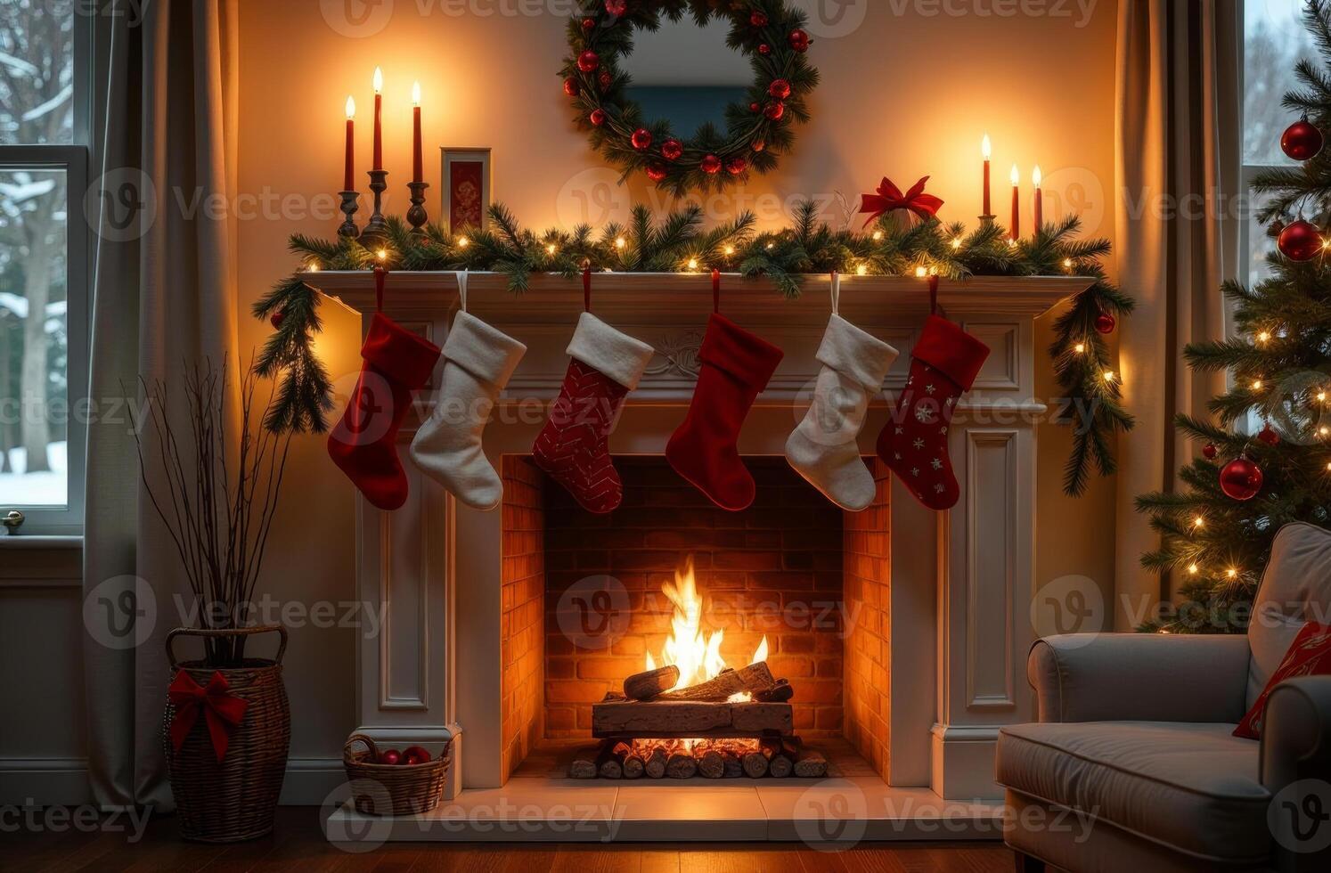 Cozy Christmas living room with stockings and a glowing fireplace during a snowy evening photo