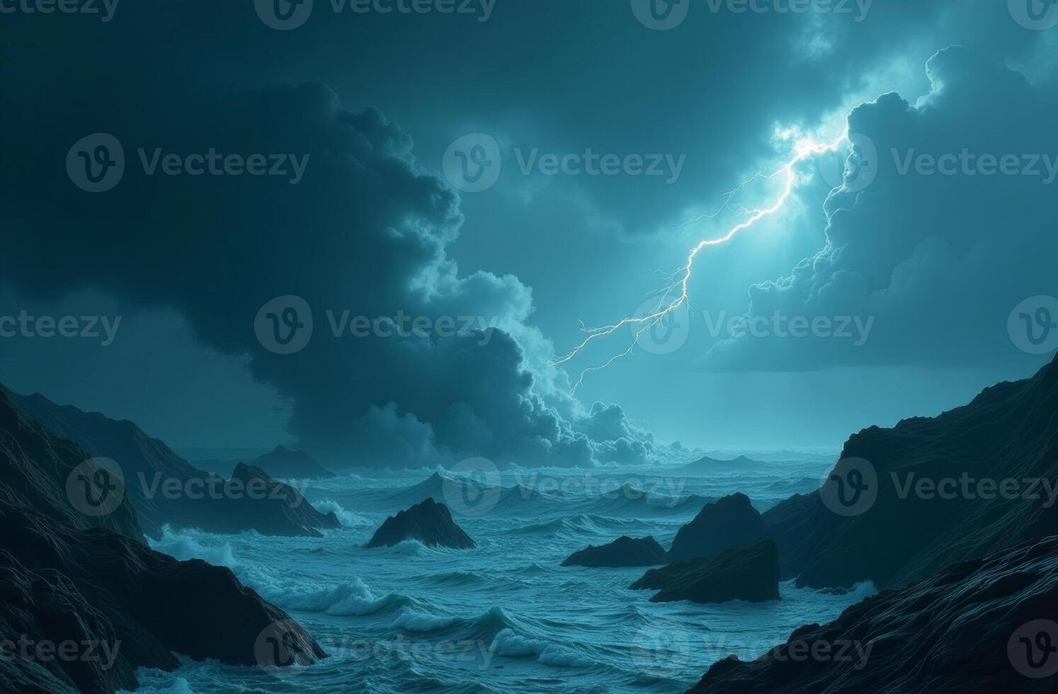 Dramatic lightning illuminates stormy ocean waves against dark, brooding clouds at dusk photo