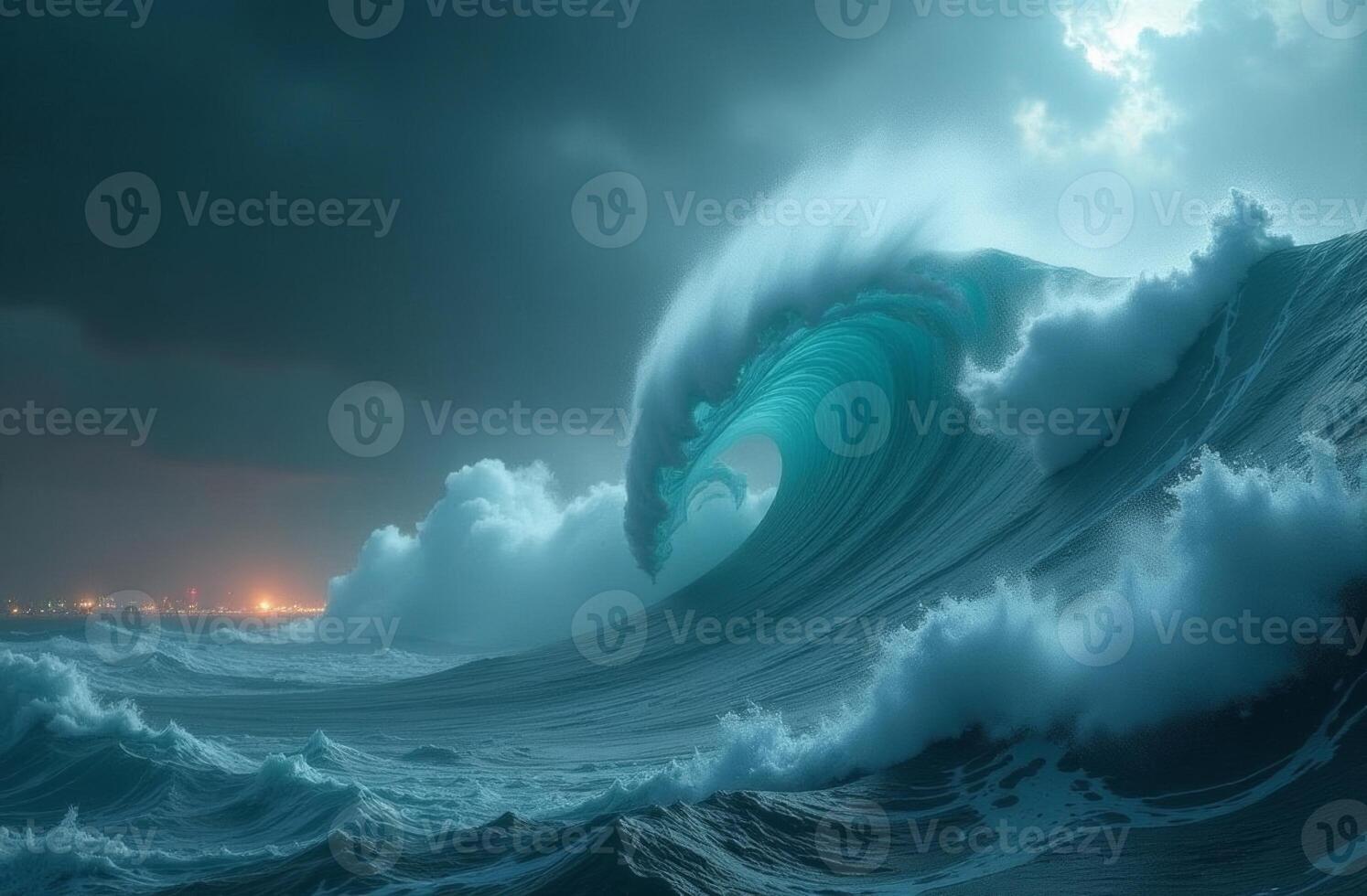 A powerful ocean wave crashes against the shore under a stormy sky near a city at dusk photo