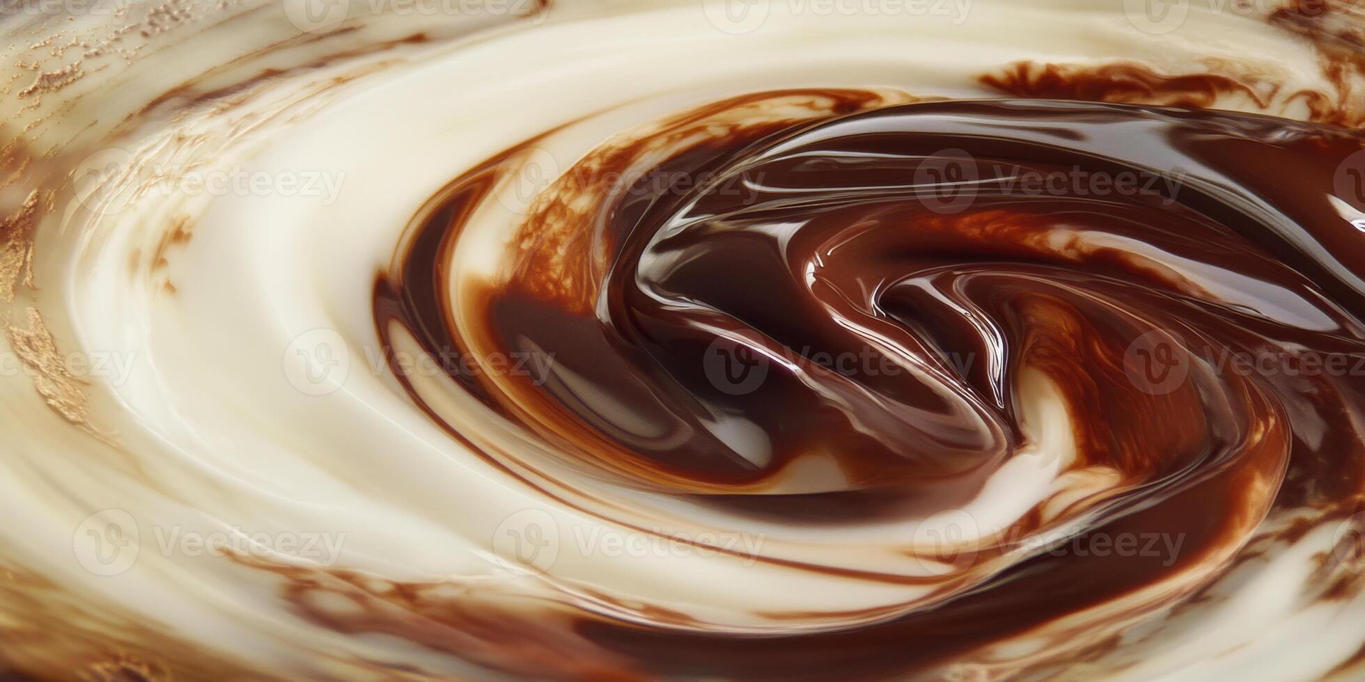 Creamy chocolate swirl blending smoothly with milk at a culinary kitchen photo
