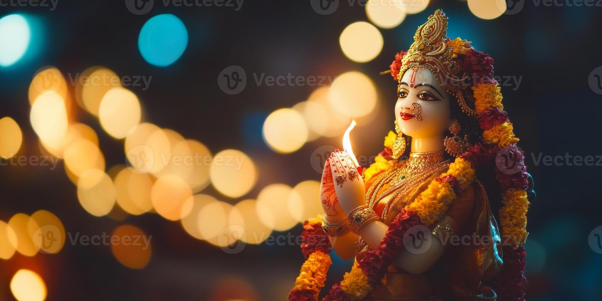 Statue of a deity adorned with flowers and holding a light during a celebration in a vibrant festival atmosphere photo