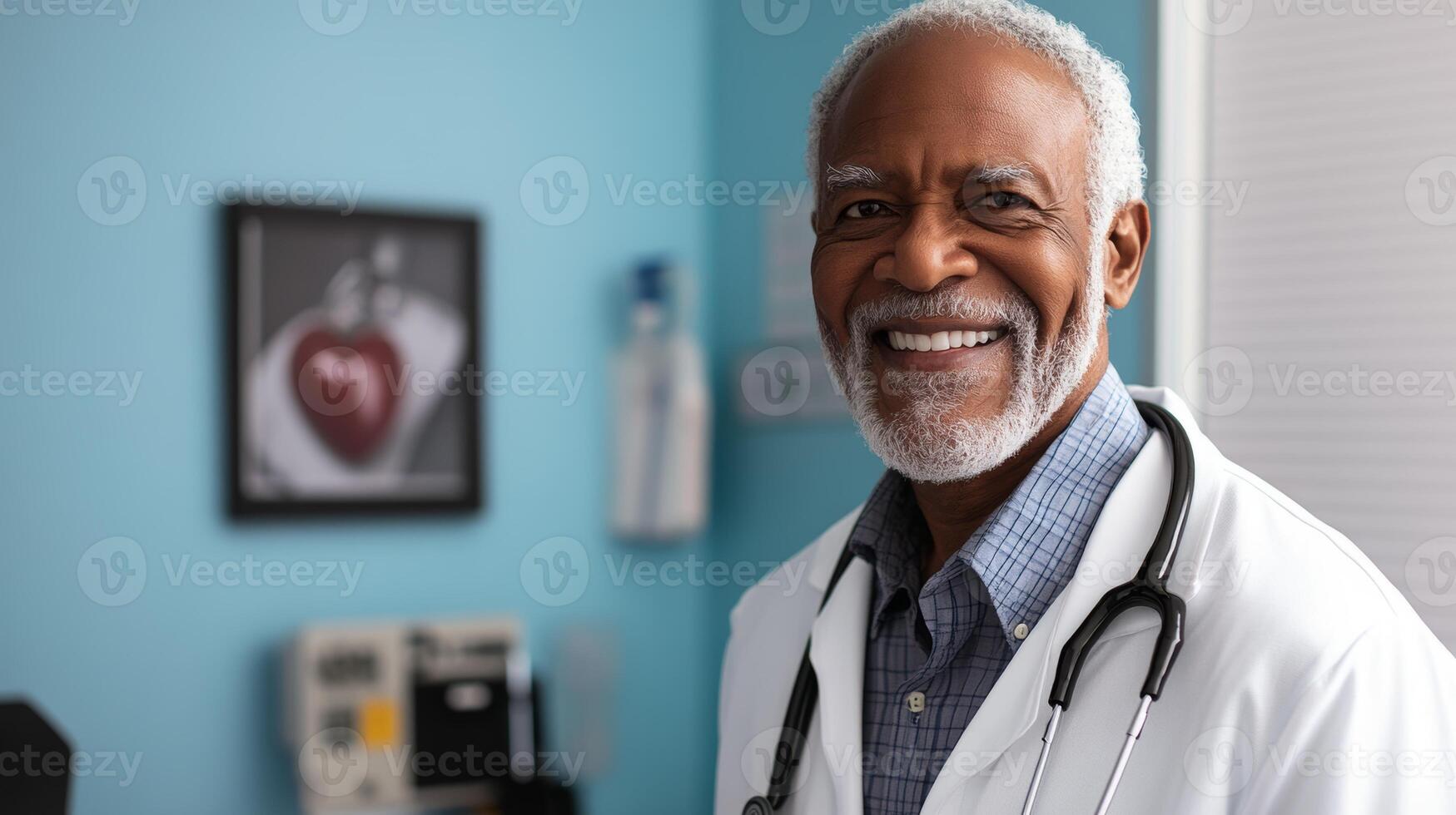 Experienced healthcare professional smiling warmly in a modern medical office setting photo