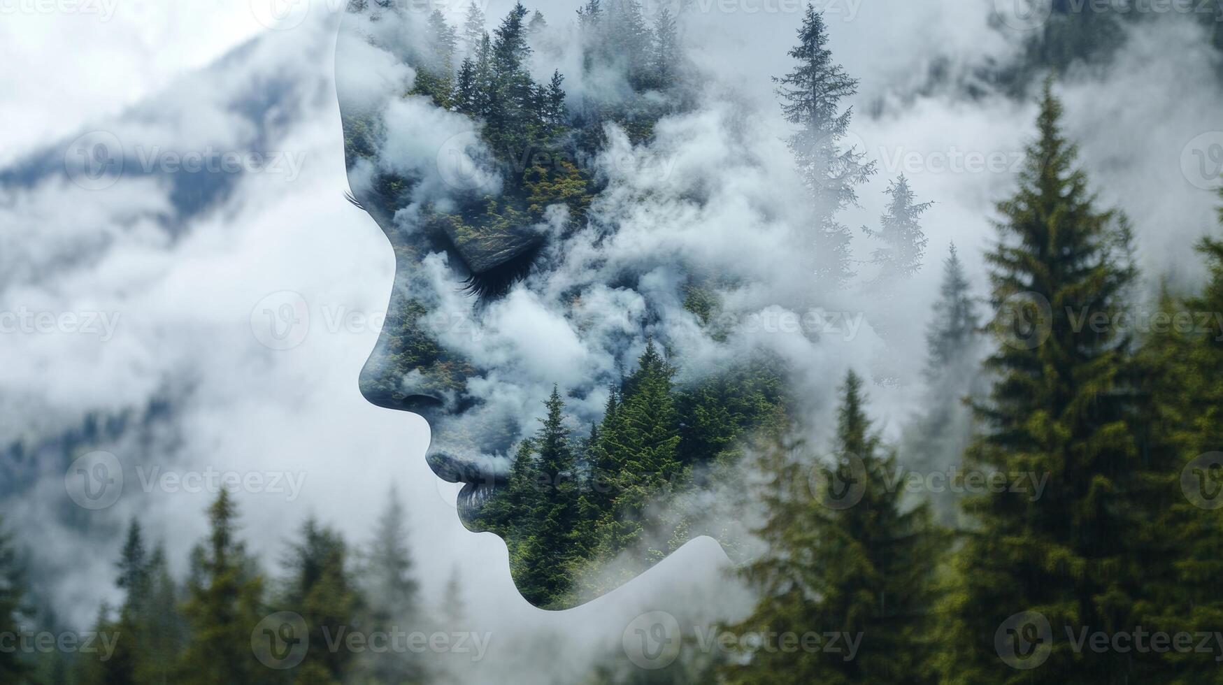 Forest and mist blend with a serene face in a dreamlike landscape of nature and tranquility photo