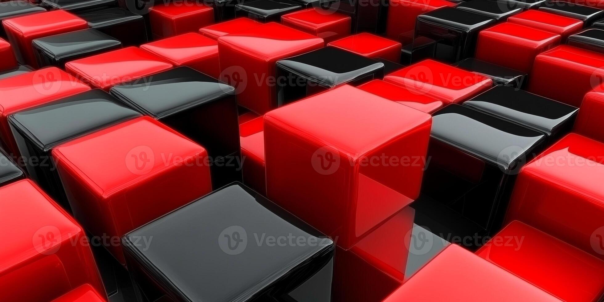 Colorful arrangement of red and black glossy cubes in a dynamic pattern on a flat surface photo
