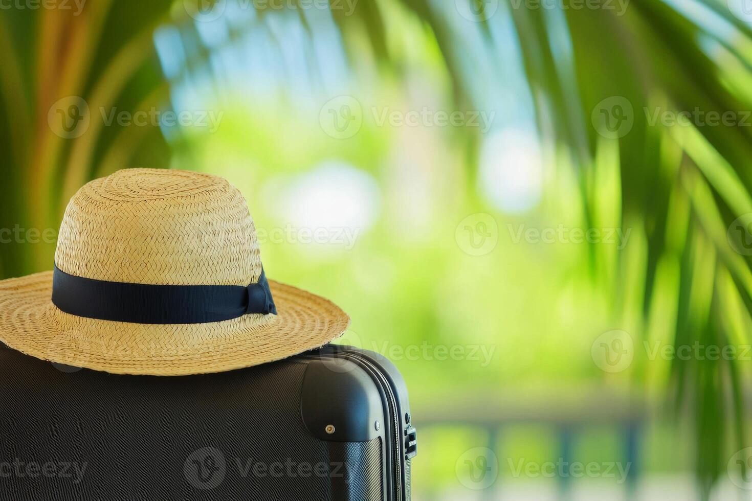 Straw hat resting on luggage against a backdrop of lush tropical greenery on a sunny day photo