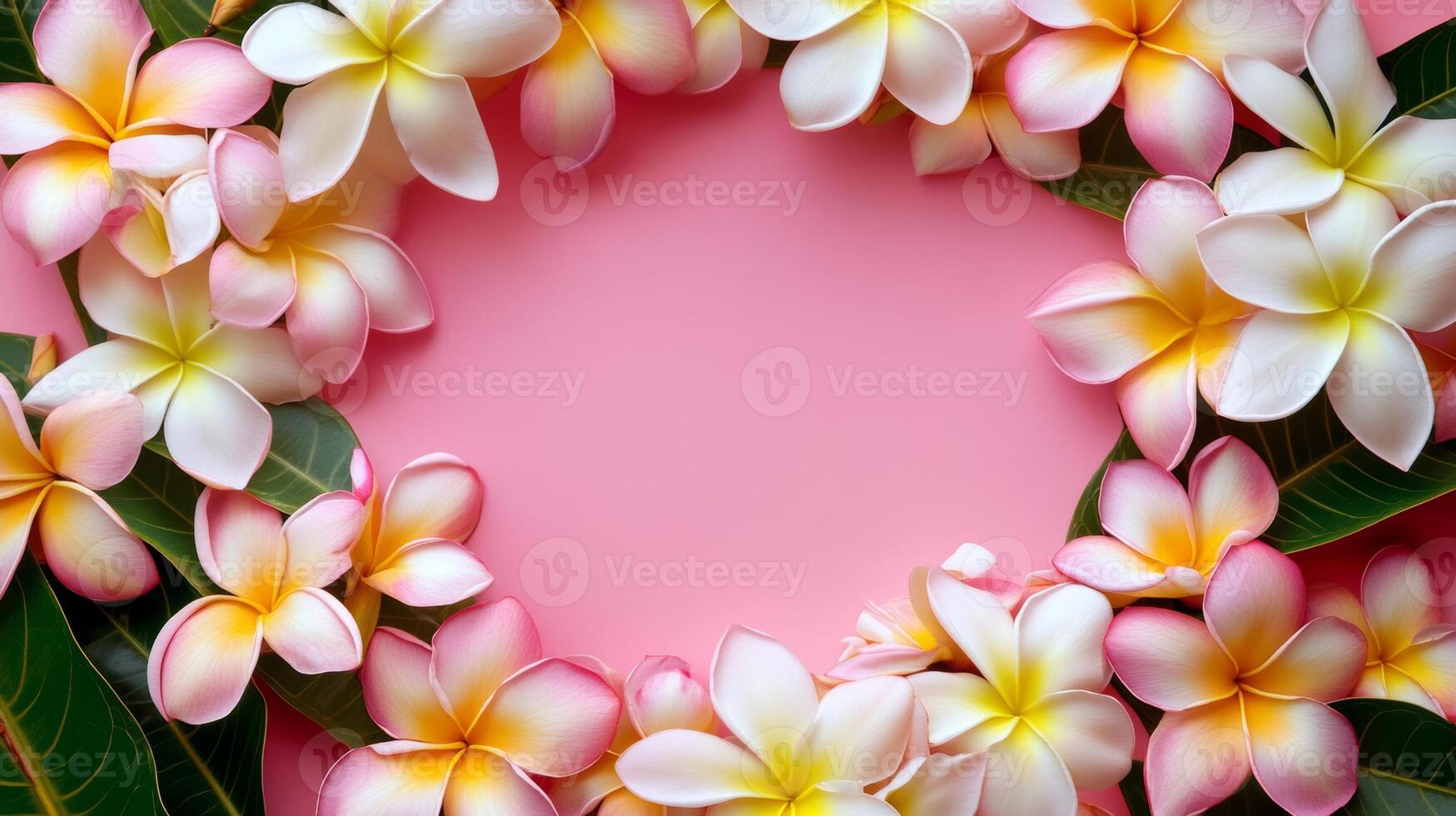 Colorful plumeria flowers arranged in a circular pattern on soft pink background for decoration or floral design photo