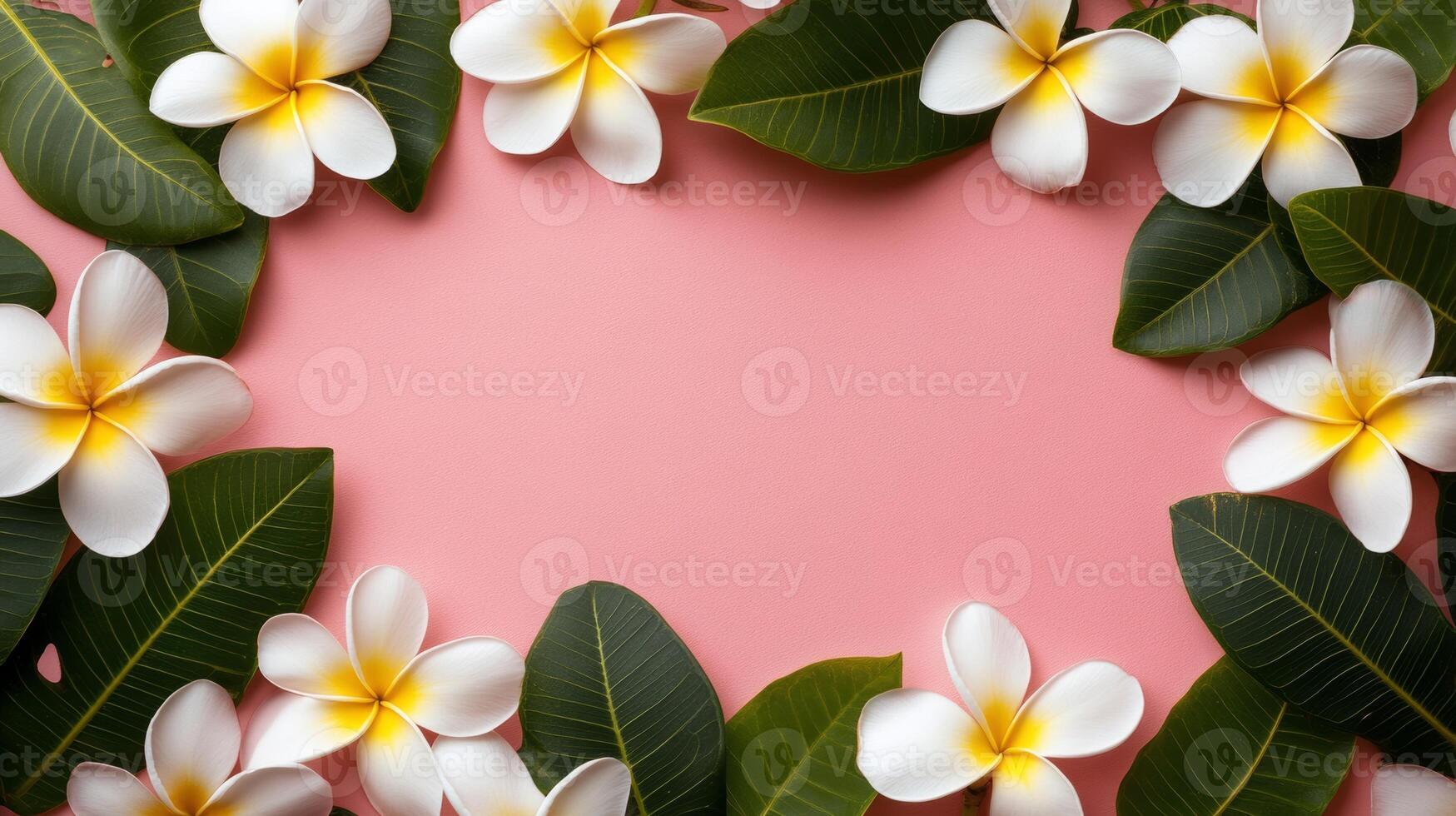 Floral arrangement of plumeria flowers and green leaves on a pink background for creative decoration and design projects photo