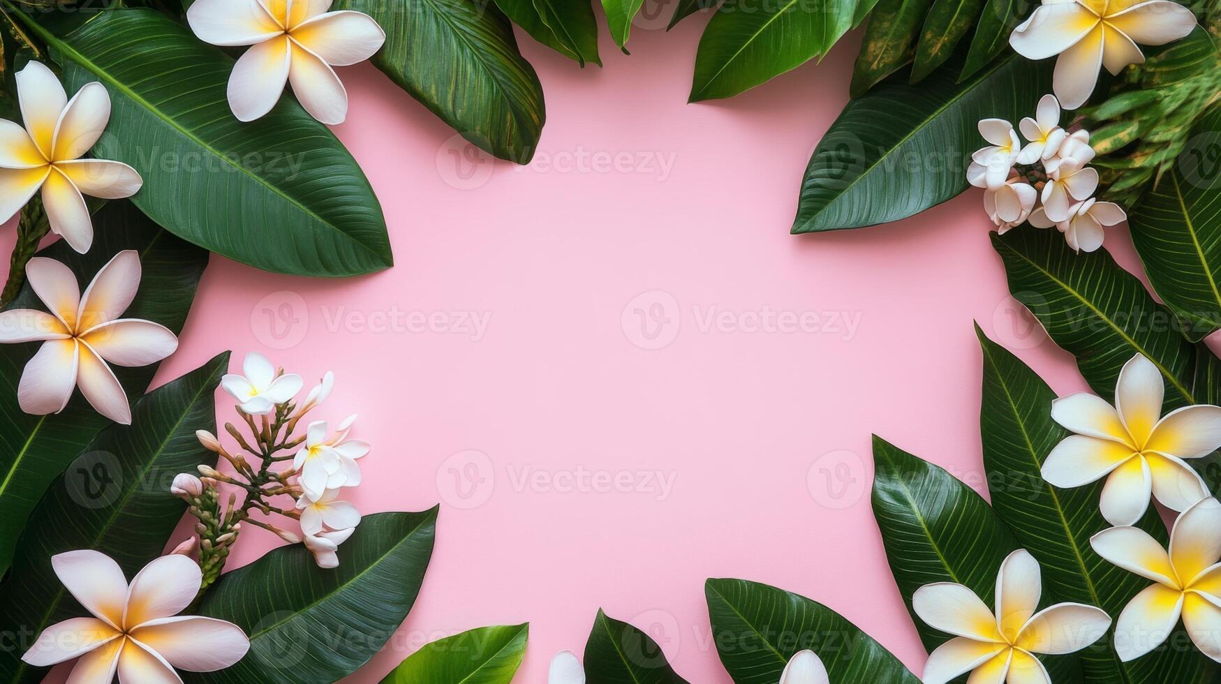 Floral arrangement with plumeria and green leaves on a pink background showcasing a tropical vibe photo