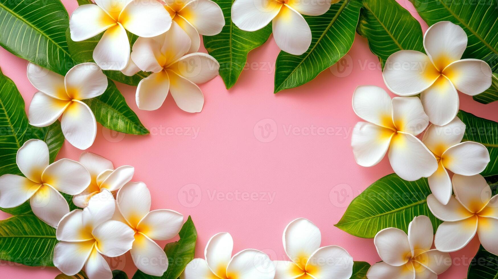 Beautiful plumeria flowers arranged elegantly on a pink background with green leaves for a decorative touch photo