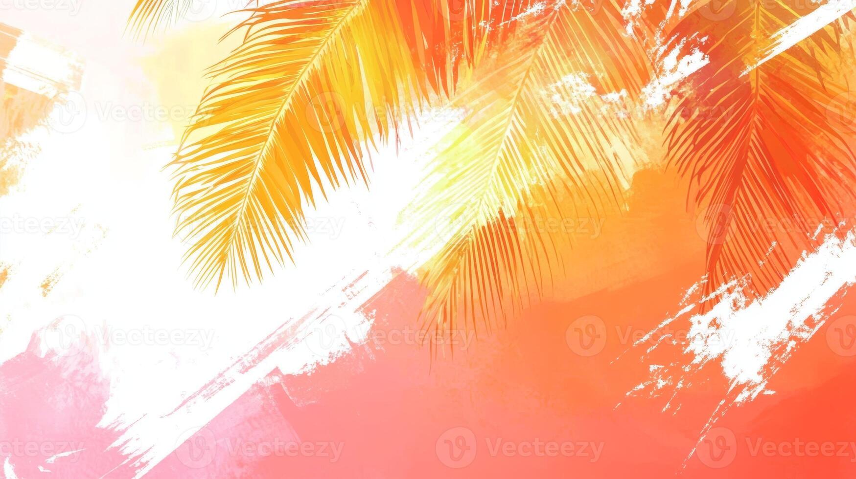 Vibrant sunset with palm leaves creating a tropical atmosphere at the beach photo