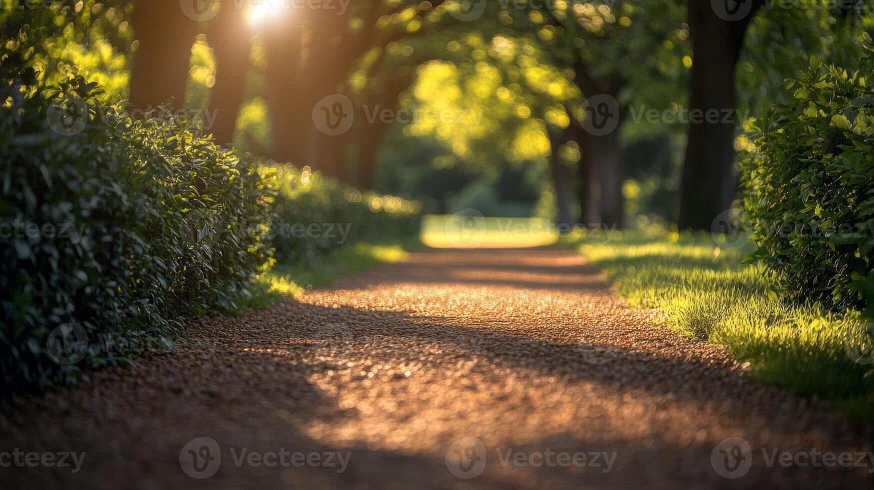 Pathway lined with trees during golden hour in a peaceful park setting photo