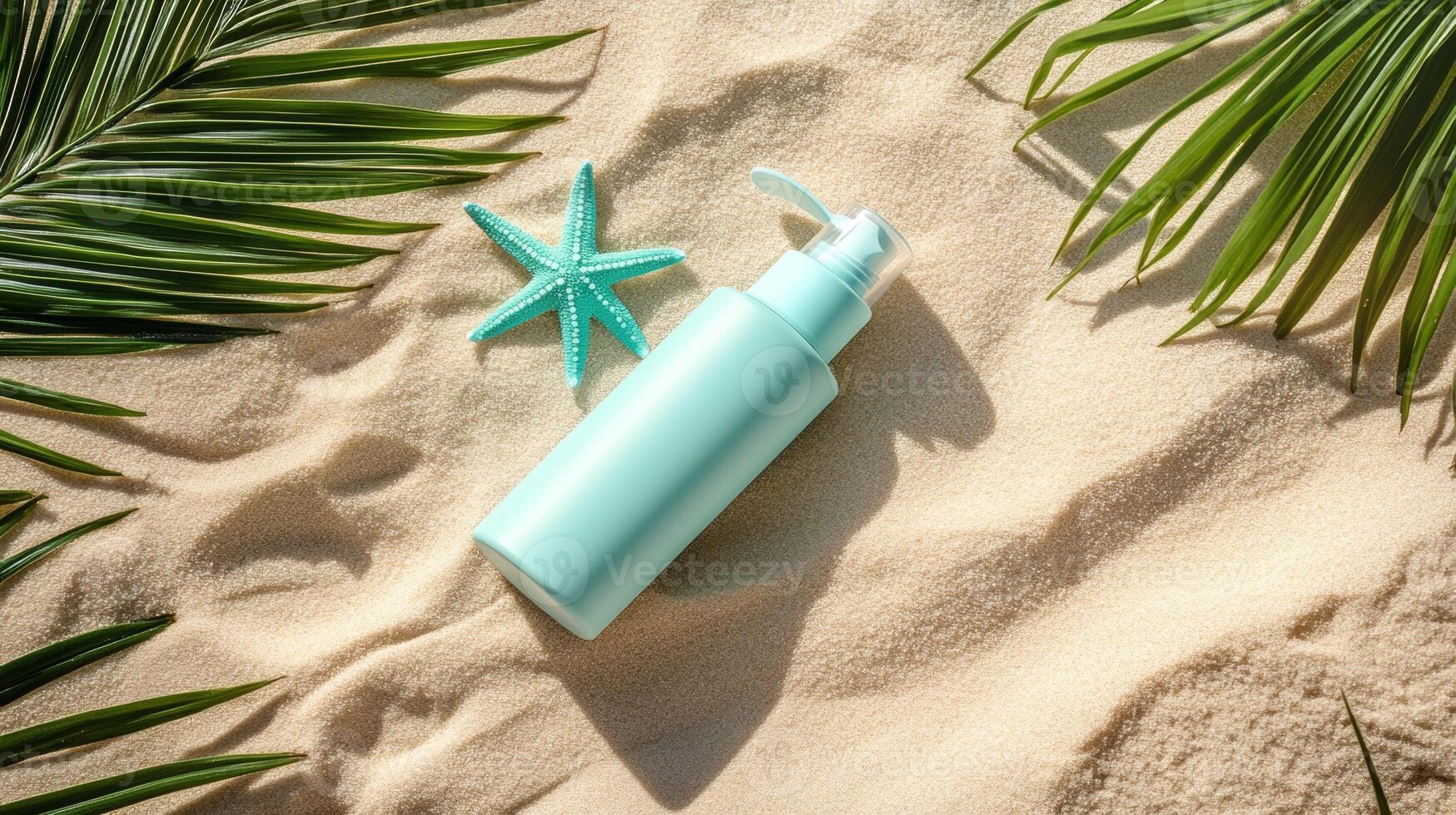 Product display on sandy beach with starfish and palm leaves in bright sunlight photo