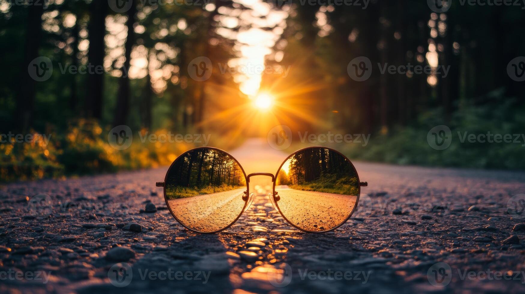 Sunglasses resting on a gravel road during sunset in a tranquil forest setting photo