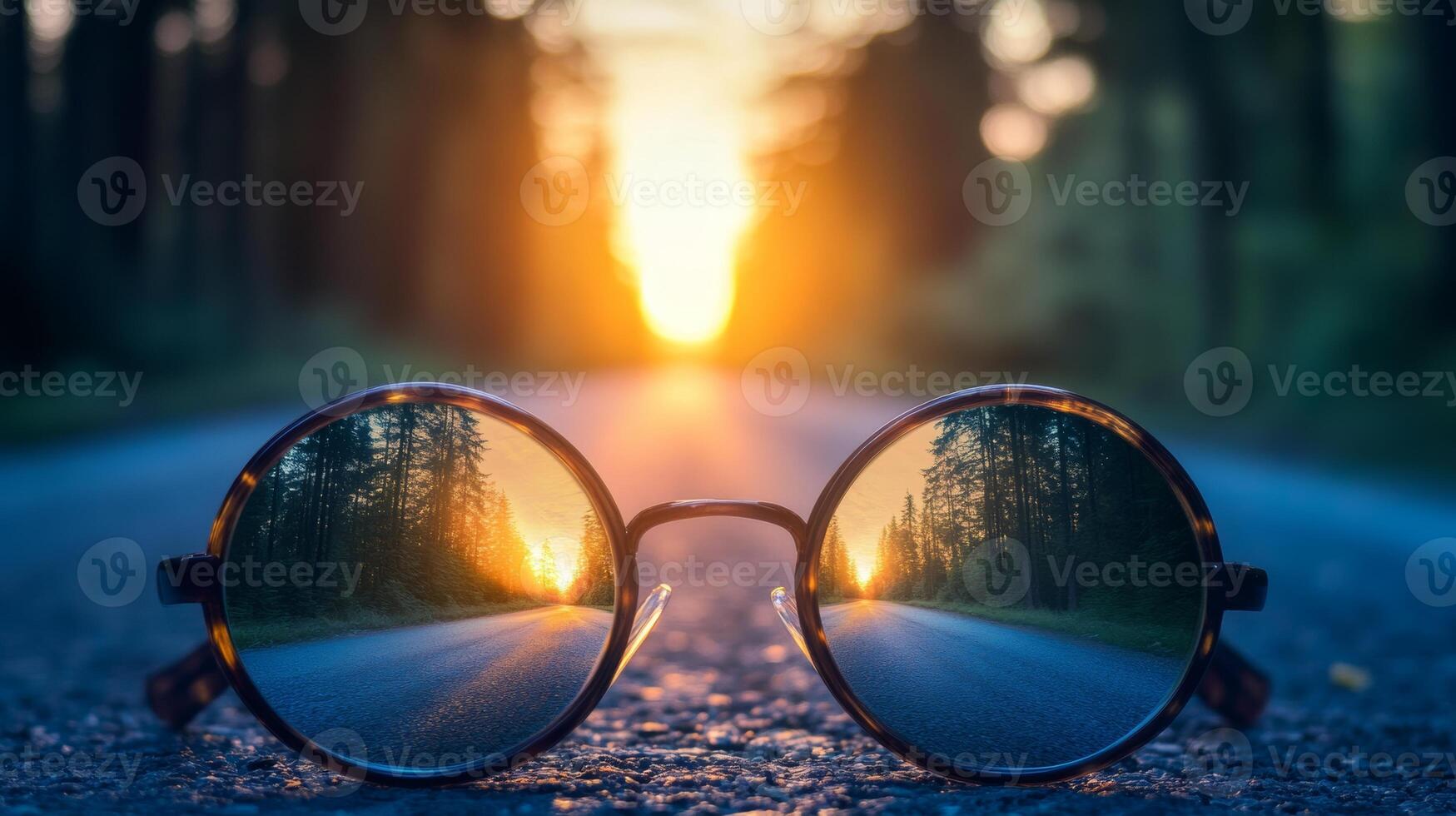Vibrant sunset reflected in sunglasses on a quiet road surrounded by tall trees photo