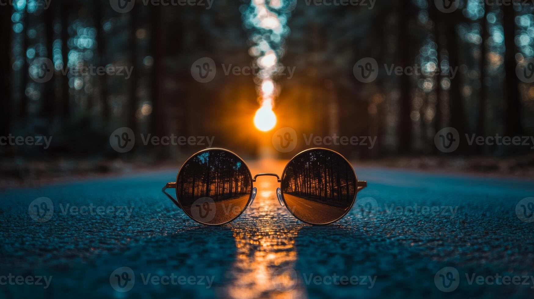 Sunglasses on a deserted road with sunset reflections in a tranquil forest setting photo