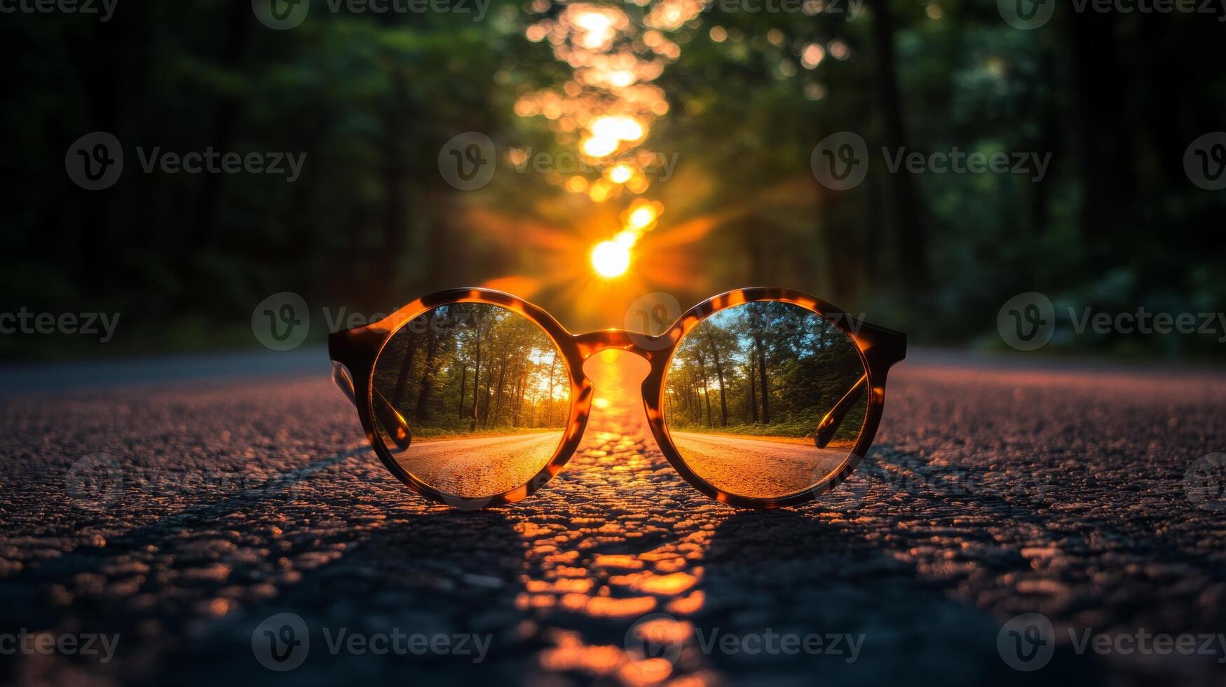 Reflections of sunset on glasses placed on a tranquil forest road during golden hour photo