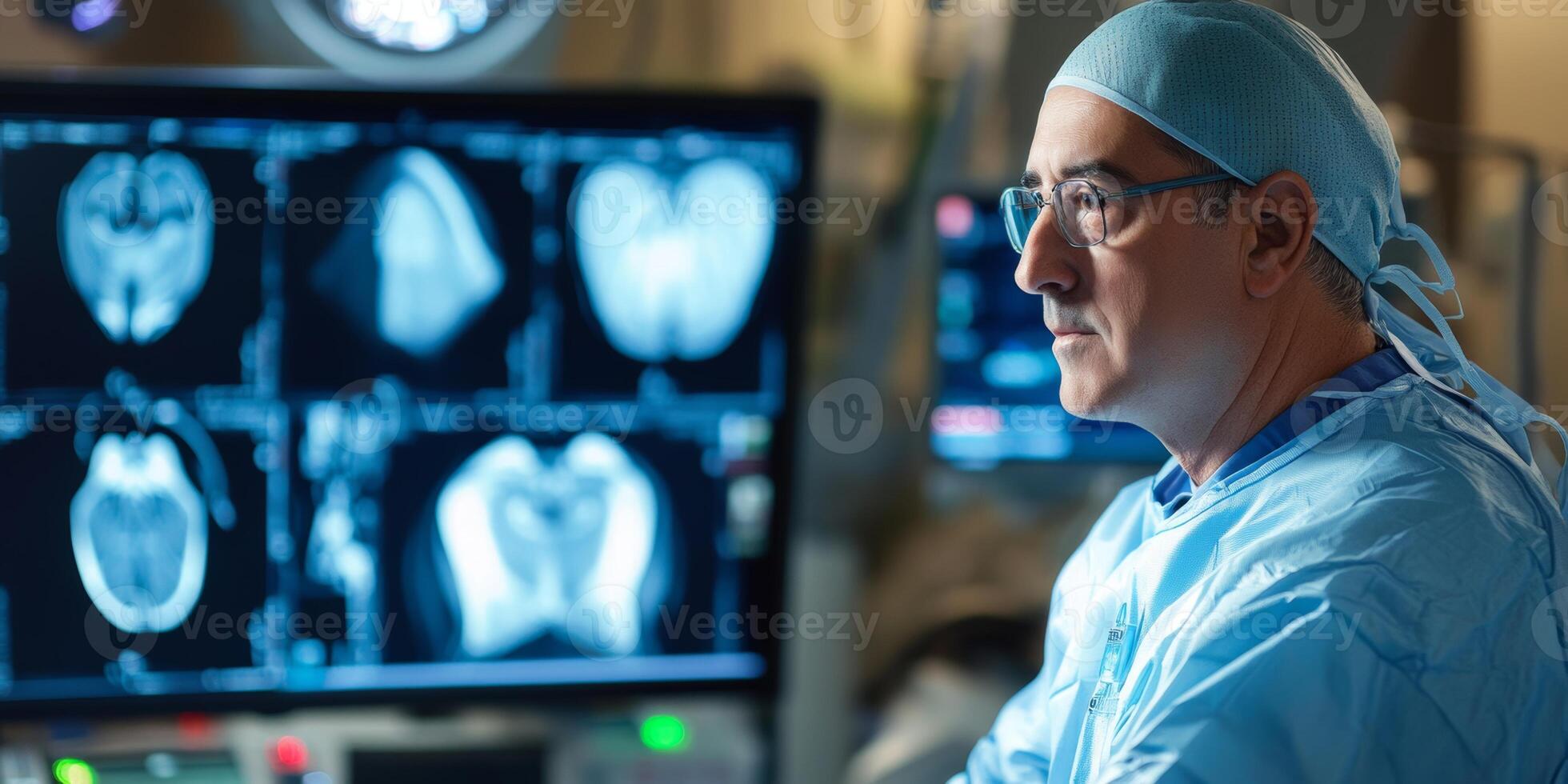 Medical professional analyzing patient X-rays in a modern hospital setting during a surgical procedure photo