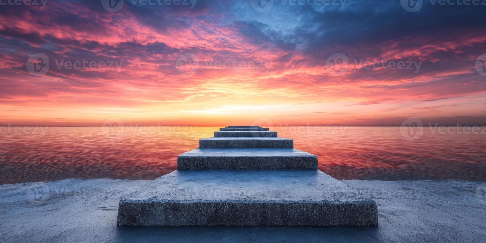 Sunset over calm waters with stepping stones leading into the horizon photo