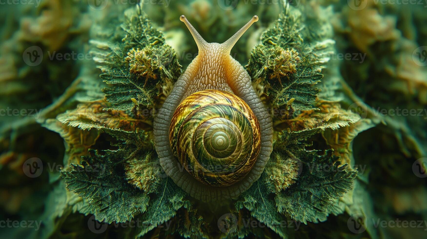 Colorful spiral snail resting on lush green foliage in a vibrant natural setting during daylight photo