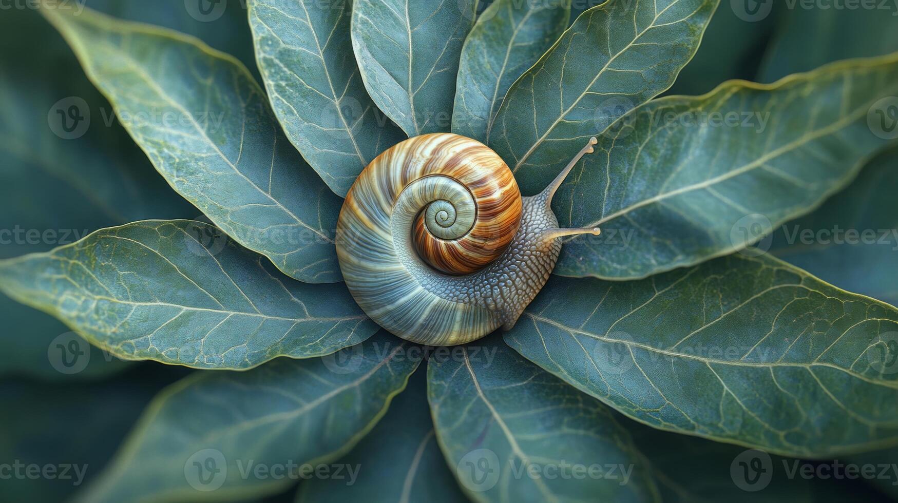 Snail resting on green leaves in a tranquil garden setting during springtime photo