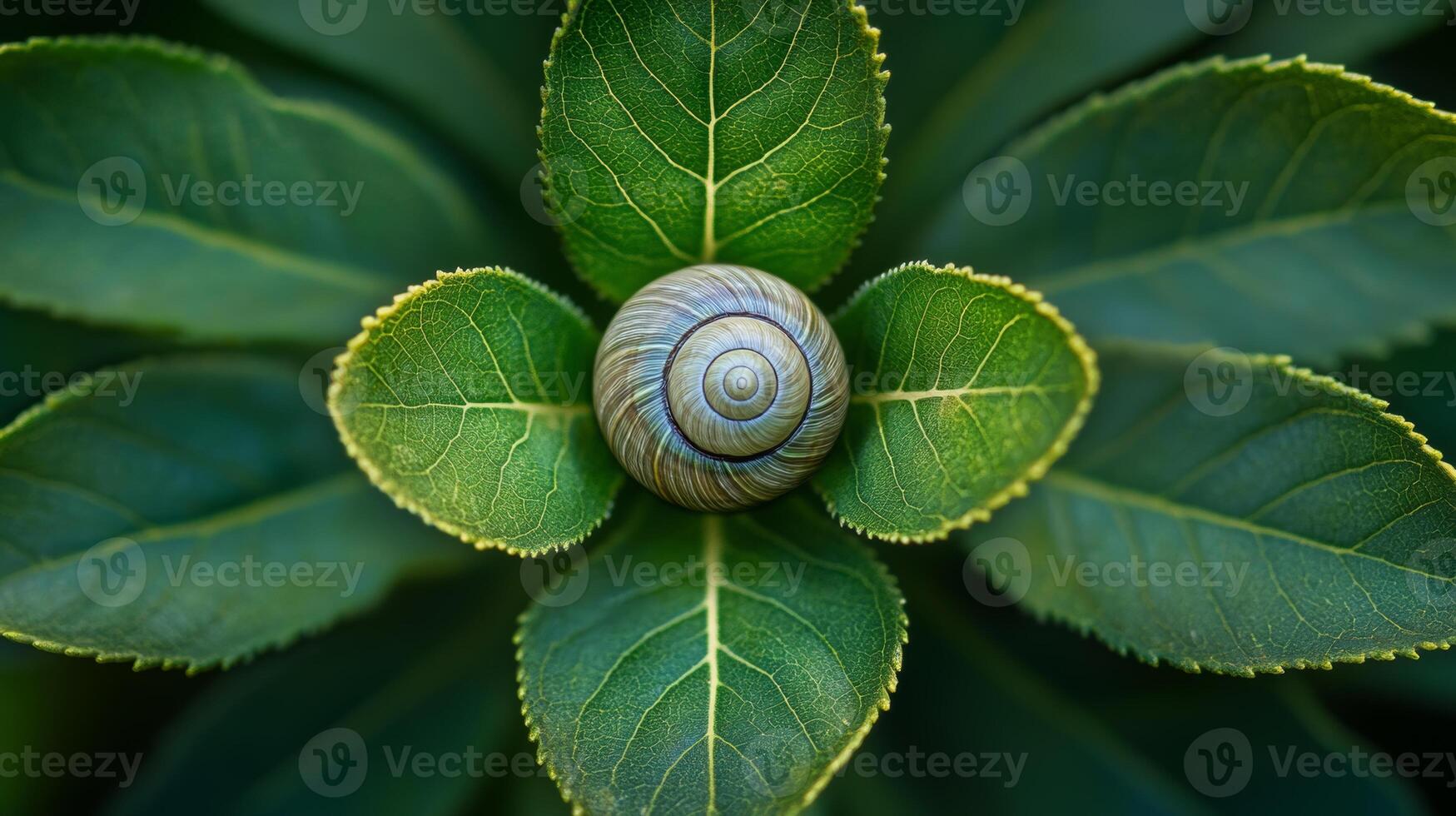 Snail resting amid lush green leaves in a tranquil garden setting during daylight hours photo