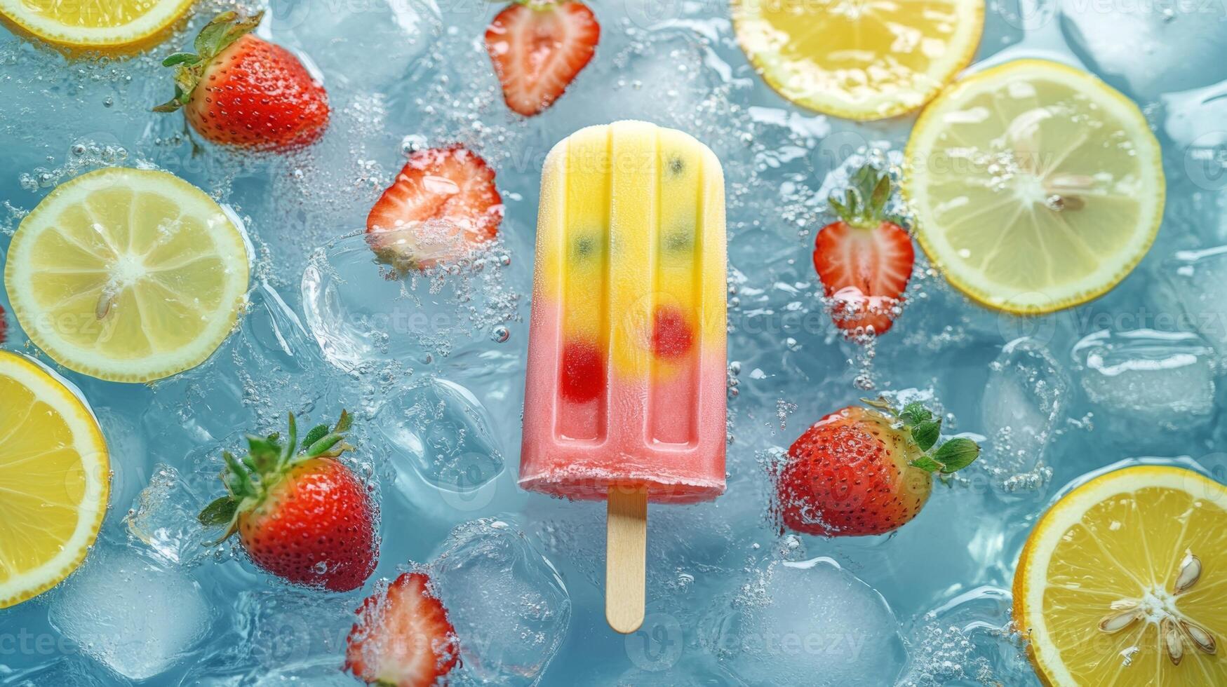 Colorful fruit popsicle surrounded by ice and fresh strawberries and lemons at a summer picnic photo