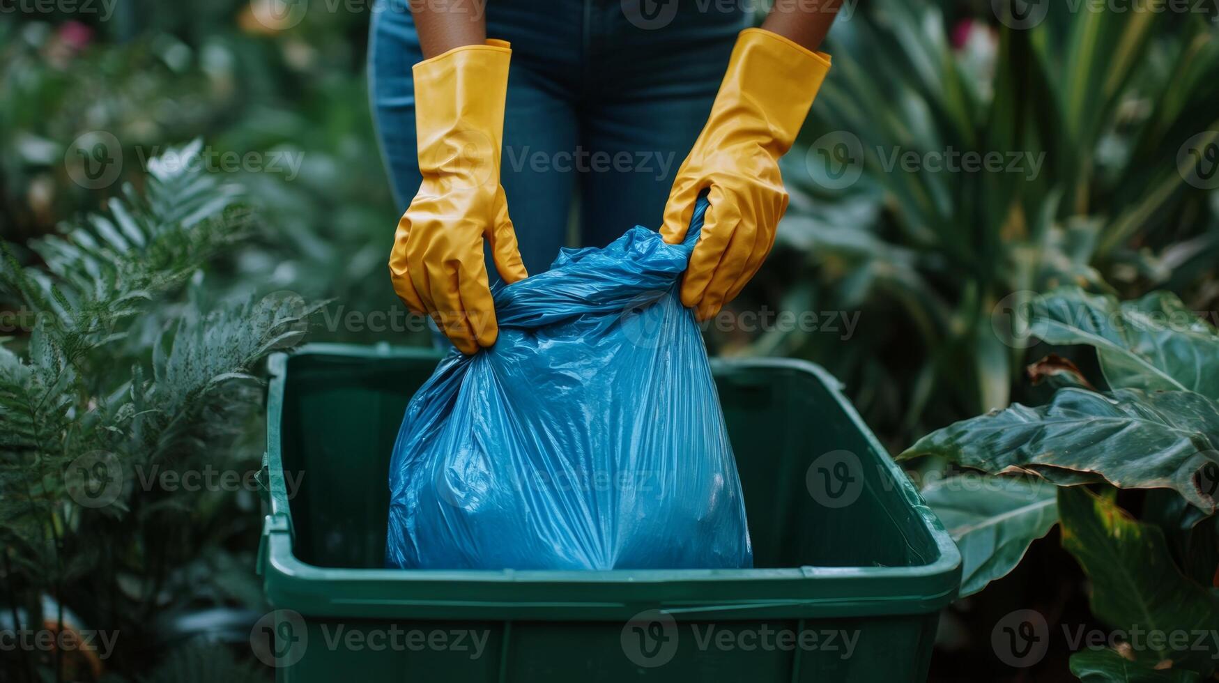 Person wearing yellow gloves collecting trash in a green bin while surrounded by lush plants during the day photo
